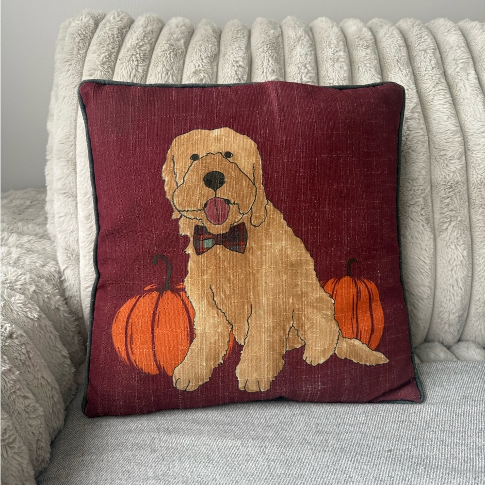 Festive Dog Throw Pillow with Pumpkins - Burgundy and Orange